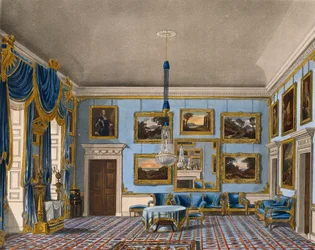Blauer Samtsaal, Gravur von Daniel Havell, basierend auf einem Entwurf von Charles Wild, aus The History of the Royal Residences