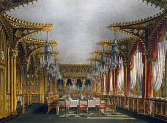 Gotisches Esszimmer, Gravur von Thomas Sutherland, basierend auf einem Entwurf von Charles Wild, aus The History of the Royal Residences