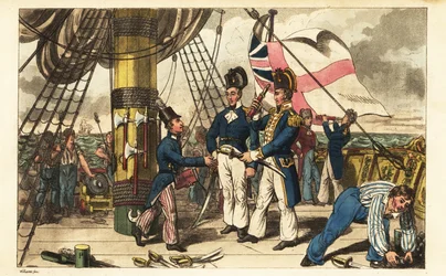 Kapitän Spring macht Midshipman Newcome zu seinem Adjutanten und übergibt ihm sein Schwert auf dem Achterdeck der HMS Victory
