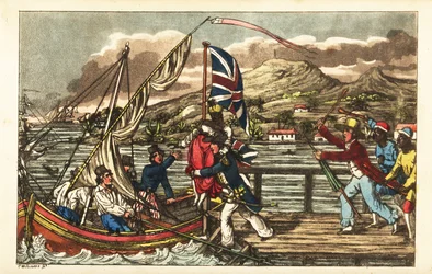 Englischer Marineoffizier entführt eine versklavte Frau auf dem Pier von Barbados, verfolgt von ihrem Ehemann und Plantagenarbeitern
