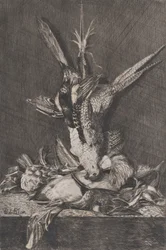 Jagdtrophäe mit Wildvögeln und Artischocke