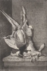 Jagdtrophäe mit Wildvögeln und Hase, 1850-1900