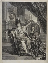 Ludwig XIV. (1638-1715), König von Frankreich, Beschützer der Wissenschaften - Gravur von Antoine Coypel in „History of the Royal Academy of Sciences“ 1703