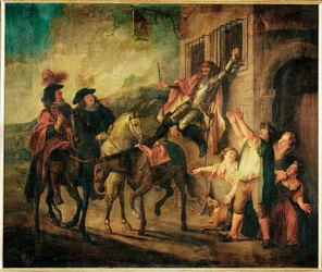Don Quijote, durch die List von Maritorne an ein Fenster gefesselt
