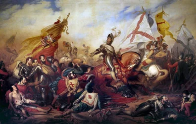 Religionskriege (1562-1598): „König Heinrich IV. von Frankreich (1553-1610) in der Schlacht bei Ivry am 14/03/1590“. Die königliche Armee siegte über die Armee der Katholischen Liga. Detail des Gemäldes, 19. Jahrhundert. Maße: 4,2 x 8,1 m - Wa