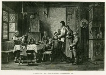 Das Benedizit. Barbant-Gravur nach einem Gemälde von Brion zur Illustration der Geschichte „Durch Elsass und Lothringen“ von Charles Grad, deutscher Abgeordneter, 1884, in Le Tour du monde 1886, herausgegeben von Edouard Charton (1807-1890), Hachette, Pari
