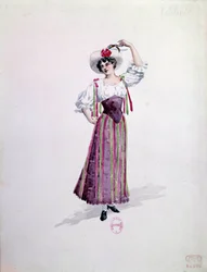 Kostüm einer jungen Frau (Nedda oder Colombine?) für die Oper „Pagliacci“ von Ruggero Leoncavallo. Aquarell von Charles Bianchini