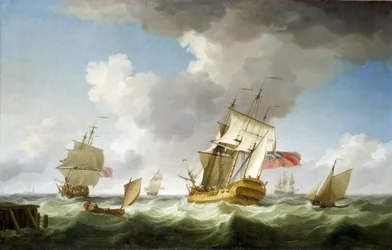 Ein Handelsschiff der Britischen Ostindien-Kompanie bei starkem Wind, nahe dem Pier, den es gerade verlassen hat