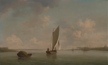 Ein Fischkutter unter Segel bei leichtem Wind in einem Fluss