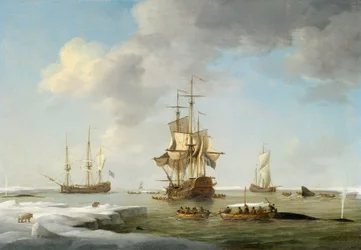 Grönlandfischerei: Englische Walfänger im Eis, ca. 1750