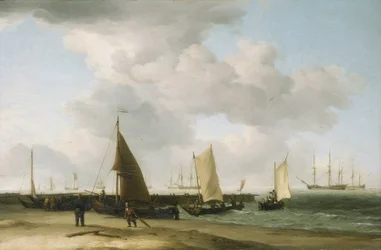 Szene am Ufer, mit einem Kriegsschiff am Horizont