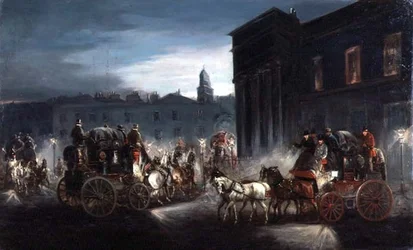 Der Edinburgh Mail Coach und andere Kutschen in einer beleuchteten Straße