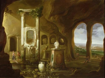 Ein Denkmal für Augustus, in einer Grotte mit Figuren, 17. Jahrhundert