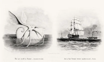 Ein Riesenkalmar und zwei Schiffe auf See, graviert von George Cooke (1781-1834)