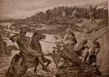 Caesar überquert die Themse, Illustration aus „Hutchinsons Geschichte der britischen Nation“, ca. 1920