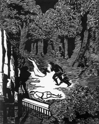 Holzschnitt von Charles Doudelet (1861-1938) für Pelleas und Melisande von Maurice Maeterlinck (1862-1949), veröffentlicht von Claudio Argentieri, Spoleto, Italien
