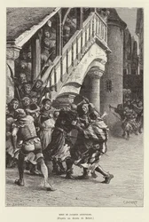 Tod von Jacques Artevelde. Tod des flämischen Kaufmanns und politischen Führers Jacob van Artevelde durch die Hand eines Mobs, Gent