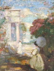 Lyrische Landschaft mit zwei Figuren in Kleidung des 19. Jahrhunderts, 1890-1900