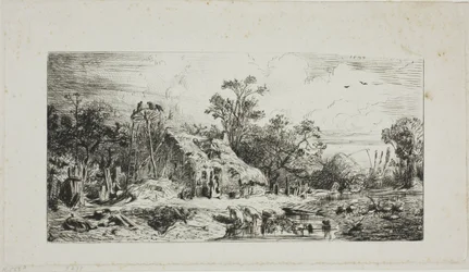 Landschaft mit strohgedeckten Hütten