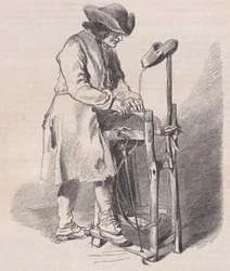 Musée du Louvre, Sammlung der Zeichnungen, Der Scherenschleifer, von Watteau, aus Magasin Pitto..., ca. 1852