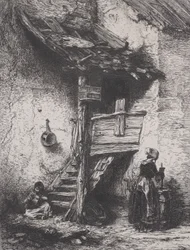 Treppe und Frau beim Buttern