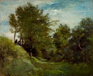 Landschaft mit Figuren, die auf einer Bank sitzen, späte 1870er