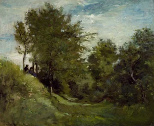 Landschaft mit auf einer Böschung sitzenden Figuren, späte 1870er Jahre
