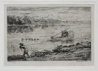 Die Bootsfahrt: Schiffsjunge zieht das Schleppseil oder zieht am Seil, 1861