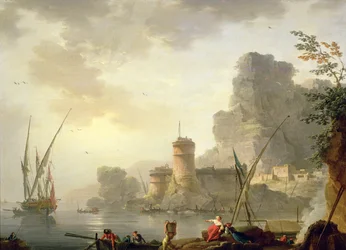 Eine Mittelmeerhafen-Szene bei Sonnenuntergang