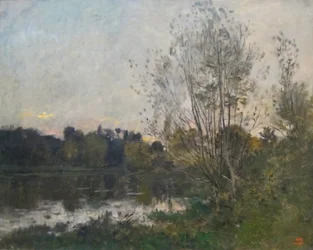 Ein See im Wald bei Dämmerung