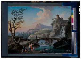 Eine Flusslandschaft mit Fischern, die ihre Netze einholen, eine felsige Landschaft und eine Fußbrücke dahinter