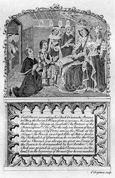 Earl Rivers überreicht sein Buch an König Edward IV, um 1477 spätes 18. oder frühes 19. Jahrhundert