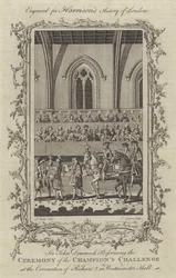 Sir John Dimmock führt die Zeremonie der Herausforderung des Champions bei der Krönung von Richard II. in der Westminster Hall, 1377 durch