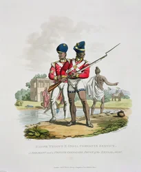 Einheimische Truppen im Dienst der Ostindien-Kompanie: ein Sergeant und ein Grenadier-Sepoy der Bengalischen Armee, graviert von Joseph Constantine Stadler, 1815