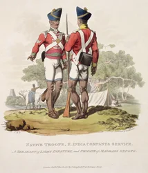Einheimische Truppen im Dienst der Ostindien-Kompanie: ein Sergeant der leichten Infanterie und ein Soldat der Madras-Sepoys, graviert von Joseph Constantine Stadler, 1815 (Aquatinta)