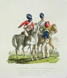 Einheimische Truppen im Dienst der Ostindien-Kompanie: ein Reiter der Leibgarde des Generalgouverneurs, ein Soldat der Bengalischen Regulären Kavallerie und ein Soldat der Java-Freiwilligen, graviert von Joseph