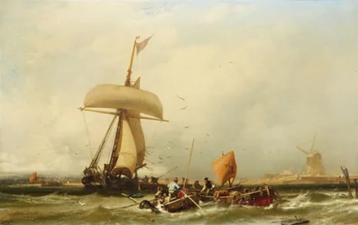 Holländische Küstenansicht mit Segelschiff und Booten