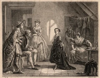 Die Kindheit von Mademoiselle Clairon: Die junge Claire-Josephe (Claire Josephe) Leris (1723-1803) rezitiert die Verse des Stücks, das sie gerade gesehen hat. Sie wurde unter dem Namen „Mademoiselle Clairon“ oder „La Clairon“ Komödiantin. Gravur von 1862