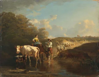 Hirtenpaar mit Tieren an einem Wasserloch