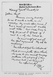 Letzter Brief von Charles Dickens vor seinem Tod (Gravur)
