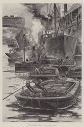 Der Streik der Leichterleute, eine Szene am Fresh Wharf