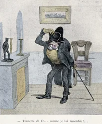 Donner des D... wie ich ihm ähnlich sehe!... Karikatur von Travies aus dem 19. Jahrhundert, die einen Mann zeigt, der sich mit einer Statuette von Napoleon vergleicht.
