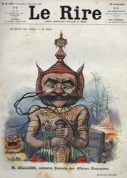 Théophile Delcassé (1852-1923), französischer Politiker - Le Gotha du Rire, Nr. XXXVI, M. Delcassé, siamesischer Außenminister - Karikatur von Charles Léandre - (6. Dezember 1902)