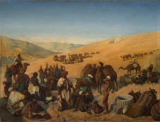 Halt von Karawanen an den Brunnen von Saba Beersheba in der Wüste südlich von Hebron, 1850