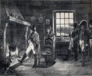 Kaiser Napoleon I. wärmt sich an einem Holzfeuer in einer Schneelandschaft - Napoleon nach der Schlacht von Waterloo im Jahr 1814 - Gravur nach dem Gemälde von Charles Louis Kratke (1848-1921)