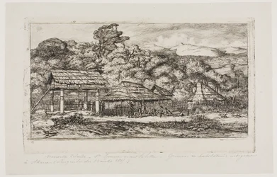 Einheimische Scheunen und Hütten in Akaroa, Banks-Halbinsel, 1845
