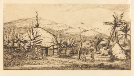 Nouvelle-Calédonie: Grande case indigène sur le chemin de Ballade à Poepo, 1845