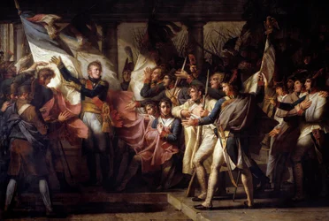 Der Marschall Michel Ney übergibt den Soldaten des 76. Linienregiments ihre Fahnen, die am 7.11.1805 gefunden wurden
