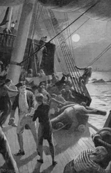 Kapitän Cooks Schiff in Gefahr, die Besatzung warf die Kanonen über Bord