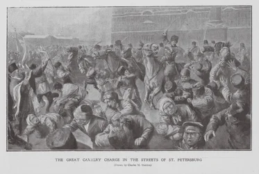 Kavallerie greift eine Menschenmenge in den Straßen von St. Petersburg an, Erste Russische Revolution
